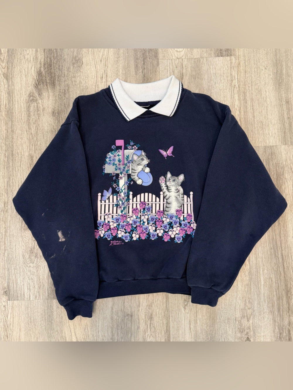 Vintage Cat Graphic Sweatshirt Navy Floral Kitten Crewneck‎